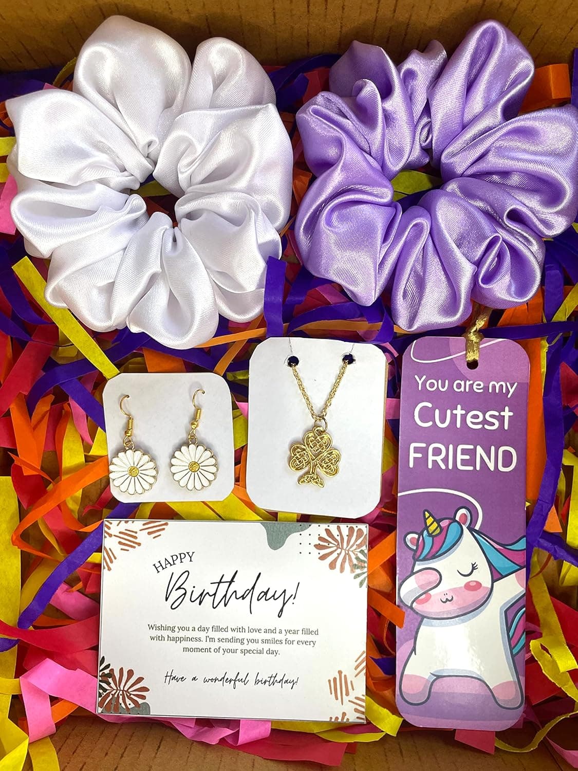 Generic Birthday Gift Combo for Women and Girls 2 Handmade Satin Scrunchies Tree of Life Chain Daisy Earring Bookmark Happy Birthday Card 6 Piece Set Multicolor 1 Count