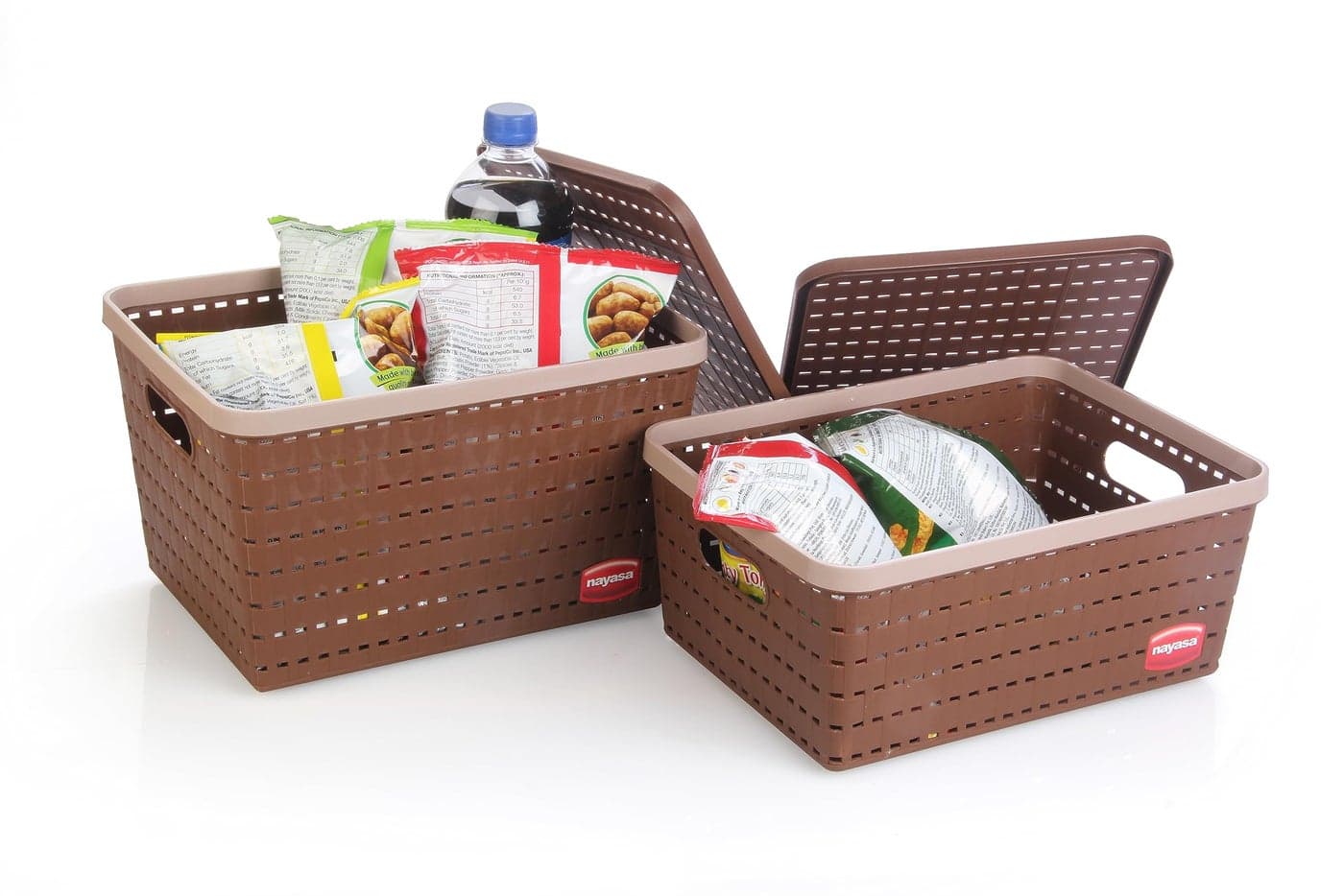 Nayasa Gloria Basket for Storage | Vegetable & Fruit Basket | Storage Box and Organiser Plastic Basket With Lid | Multipurpose Kitchen Organizer Rack | Big & Medium - Set of 2 | Brown