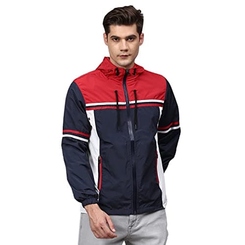 Campus Sutra Men Blue Colourblocked Windcheater Padded Hooded Jacket