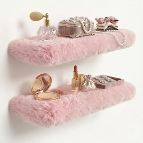 Furry Floating Shelves for Wall,2 Pack Wood Shelf with Plush Soft Shag Cover, Wall Mounted Shelves for Bedroom, Living Room, Suitable for Storing Valuable Collectibles, High Heels, Bags, Jewelry, Pink