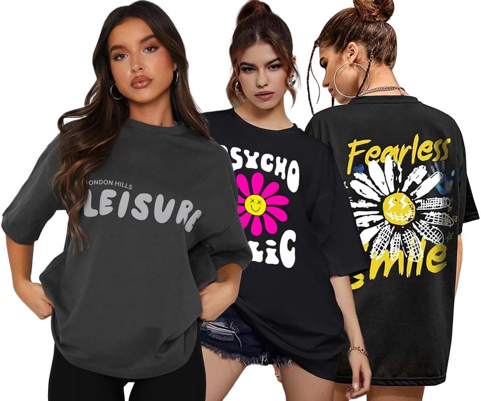 London Hills Cotton Blend Half Sleeve Women Oversized T-Shirts Multicolor Pack of 3 Dark Grey, Black