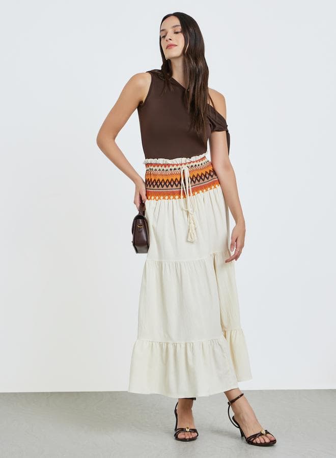 Off-White A-Line Maxi Skirt with Ethnic Waist Detail