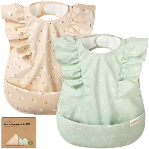 KeaBabies Waterproof Bibs for Baby Girl,Boy – 2-Pack Lightweight, Large Baby Bibs for Eating, Wearable Food Catcher, 6-12 Months Infant Feeding Essentials, Smock for Toddlers 1-3, Kids (Bloom)