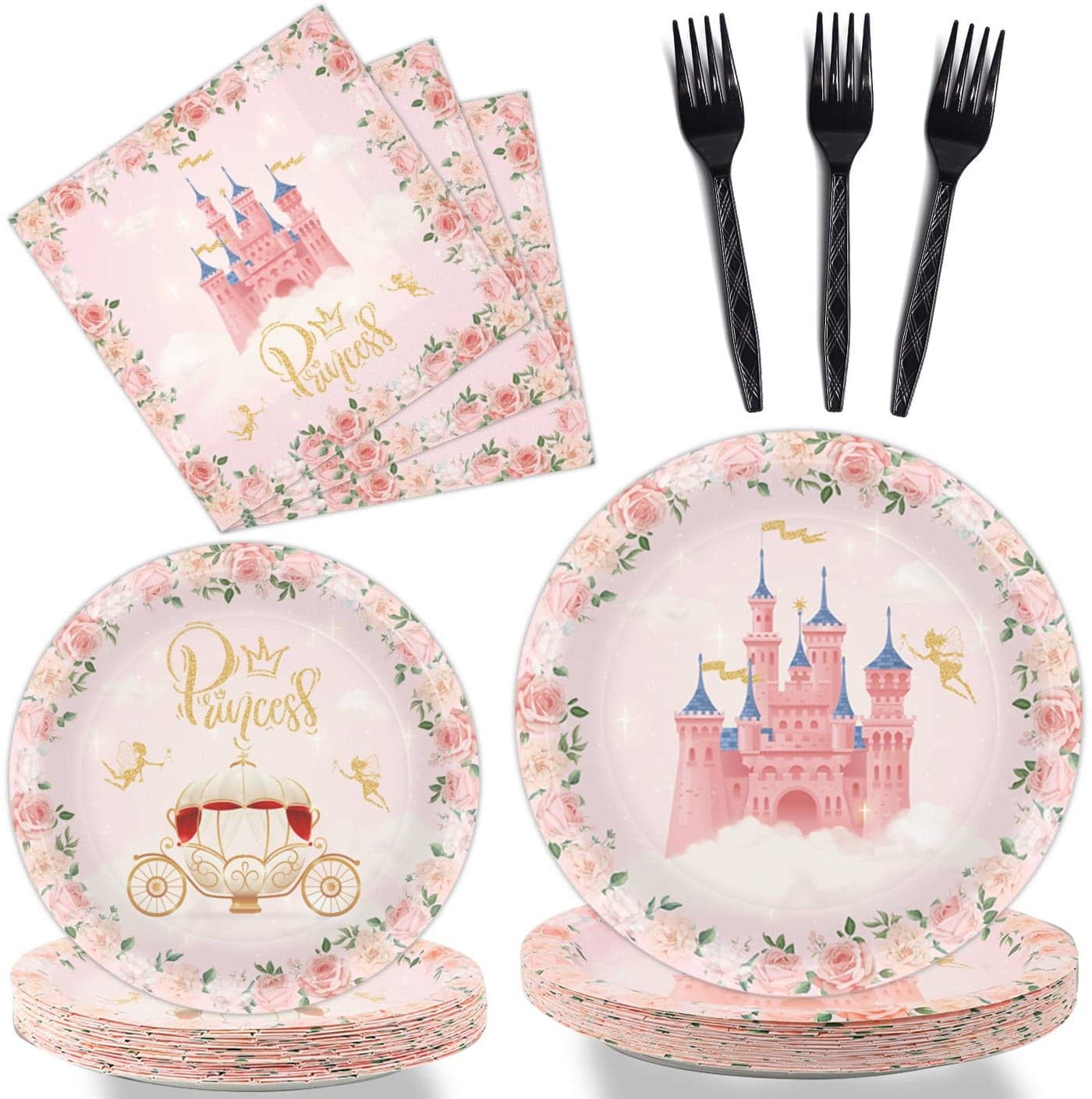 96 Pcs Princess Party Plates and Napkins Party Supplies Pink Floral Princess Party Tableware Set Princess Party Decorations Favors for Girls Birthday Baby Shower Serves 24