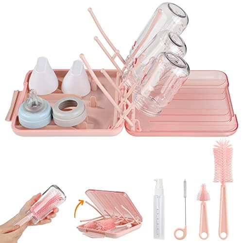 Bottle Brush Set -Baby Travel Essential-6 in 1 Bottle Cleaner Kit with Silicone Bottle Brush,Nipple Cleaner Brush,Straw Brush,Soap Dispenser,Storage Box,Bottle Drying Rack for Home and Travel