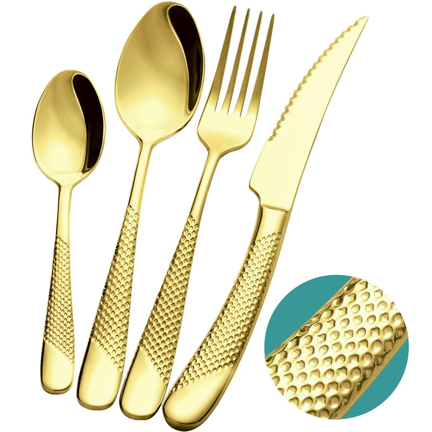 Xideman 16Piece Modern Champagne Gold Hammered Silverware Set with Ultra Sharp 2IN1 Serrated Knive Golden 1810 Stainless Steel Flatware Set Utensil Cutlery Set for 4 Person Forks Spoons Knives