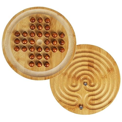 TOWO Wooden 2in1 Solitaire and Labyrinth Game Set Classic one Player Board Game 25cm 98 MarblesBalancing Strategy Game 2in1Brainteaser Puzzle and Maze for 6 Years Old to Adult