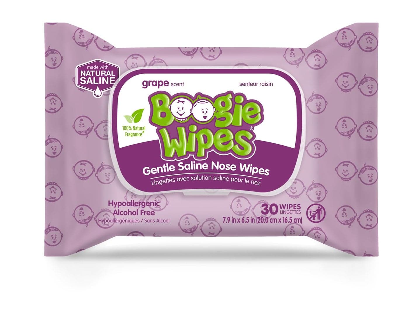 Boogie Wipes Saline Wipes for Baby Kids Nose Booger Wipes for Allergy Relief Face Hand Body Made with Vitamin E Aloe and Natural Saline Grape 30 Count Pack of 1