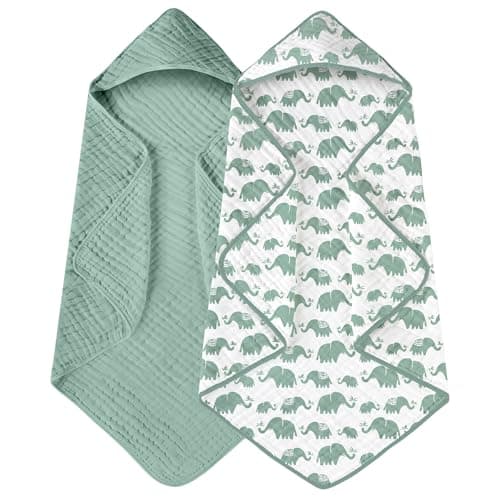 Yoofoss Hooded Baby Towels for Newborn 2 Pack 100 Muslin Organic Cotton Baby Bath Towel with Hood for Babies Infant Toddler and Kids 32x32Inch Soft and Absorbent Newborn Essential Green Elephant