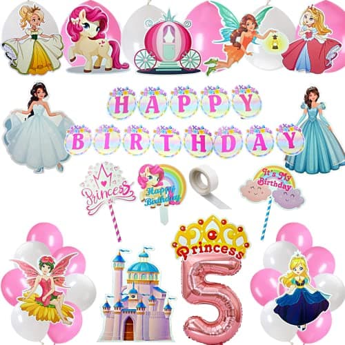 FI - FLICK IN 49 pcs 5th Birthday Decoration for Girls Car Castle Cutouts Metallic Balloons Princess Fifth Birthday Decorations Girl Number 5 Foil Balloon (Pack of 49, Pink)