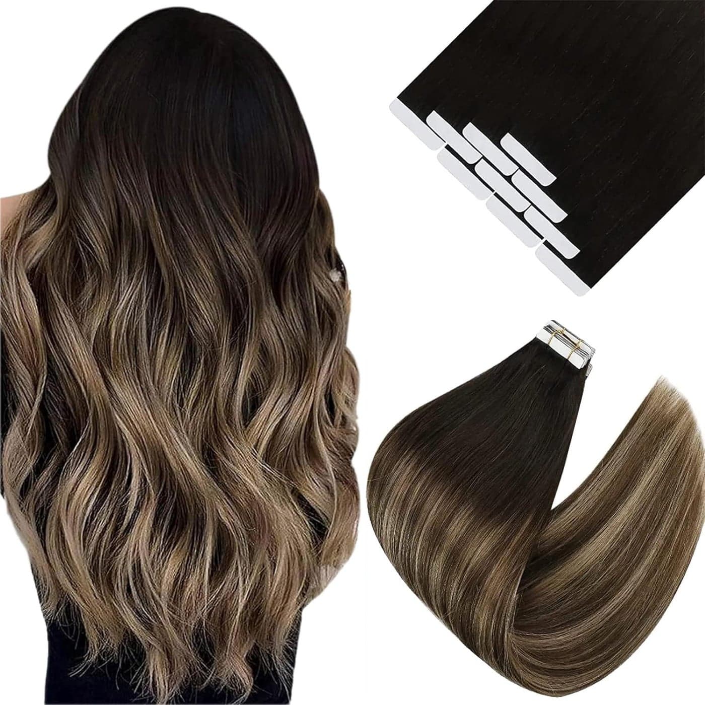 Ve Sunny Tape in Hair Extensions Real Human Hair Invisible Remy Human Hair Straight Tape Ins Double Sided Natural Black Ombre Dark Brown Balayage Ash Blonde 18 inch 10Pcs 25G