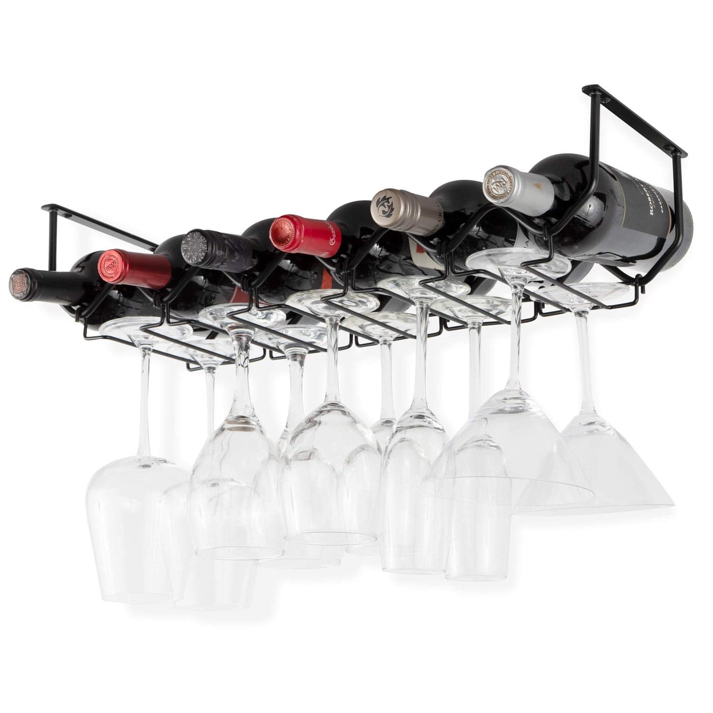 Wallniture Piccola Under Cabinet Wine Rack Glasses Holder Kitchen Organization with 6 Bottle Organizer Metal Black