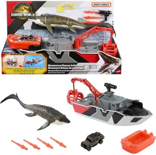 Matchbox Toy Car Playset Jurassic World 125 Dino Boat with 13 Mosasaurus Dinosaur 164 DieCast Jeep Harpoon Missiles Detachable Rescue Boat