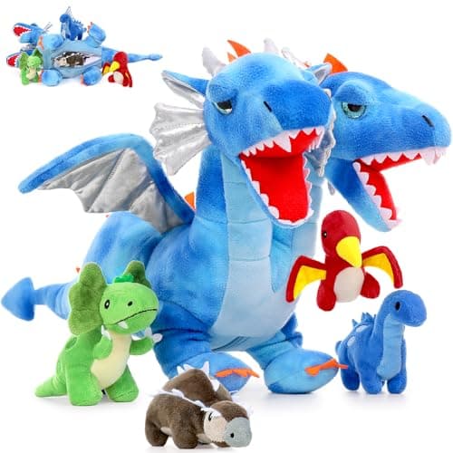 Tezituor Double Headed Dragon Stuffed Animal with Wings 5 PCs Stuffed Dinosaur Plush Toys Set Mommy Dragon with 4 Baby Dinosaurs Plushies InsideDino for Girl Boys Kids 20 inch Blue