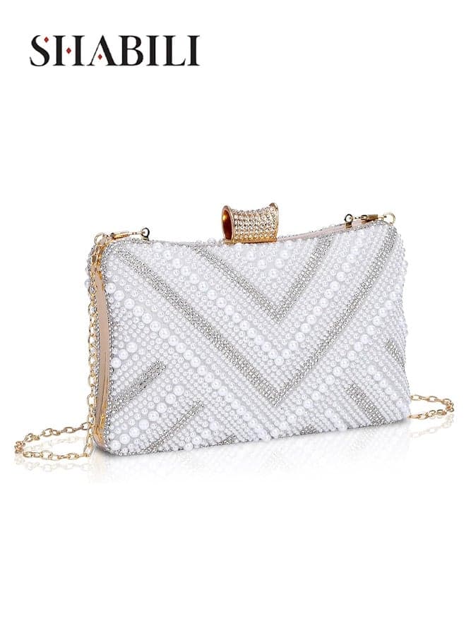 Women's Rhinestone Clutch Bag, Elegant Ladies PU Pearl Embellished Shoulder Bag with Detachable Chain, Banquet Bag and Evening Bag Tote Bags for Brides at Weddings, Proms, Cocktail Parties (Silver)