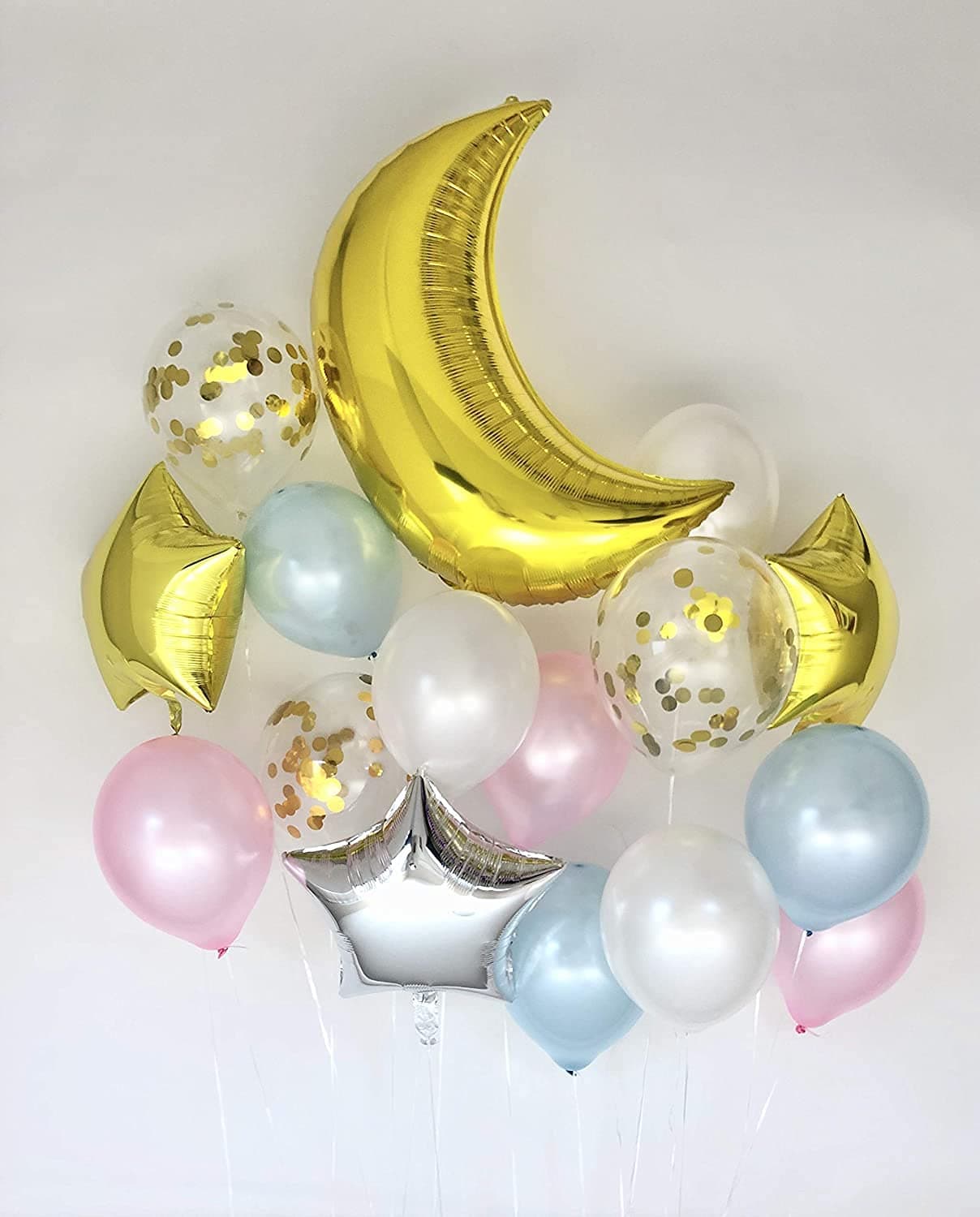 GRAND SHOP 50960 Sweet Moon and Star Balloons Bouquet Baby Shower, Birthday Set of 22 Pcs