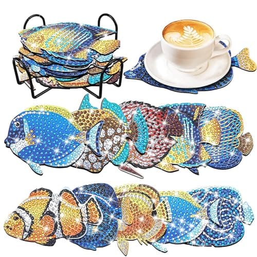 YLOLUL 10 Pcs Summer Fish Diamond Art Coasters Tropical Fish Shape Diamond Art Kits DIY Coasters with Holder for Beginner Adults Kids Craft Supplies Gift