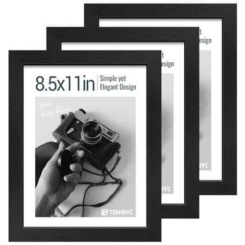 TENIBYC 8.5 by 11 Picture Frame Set of 3 - Black Woodgrain, Solid Wood & HD Tempered Glass, Table Display or Wall Hanging
