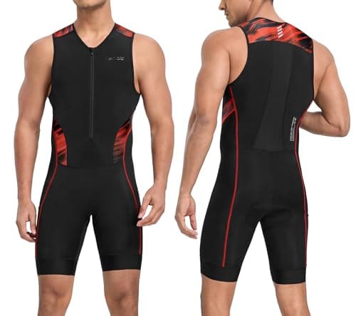 Santic Men's Triathlon Suit Sleeveless Skinsuit Padded Quick-Dry Swim Bike Run with Pockets,Black/red,L