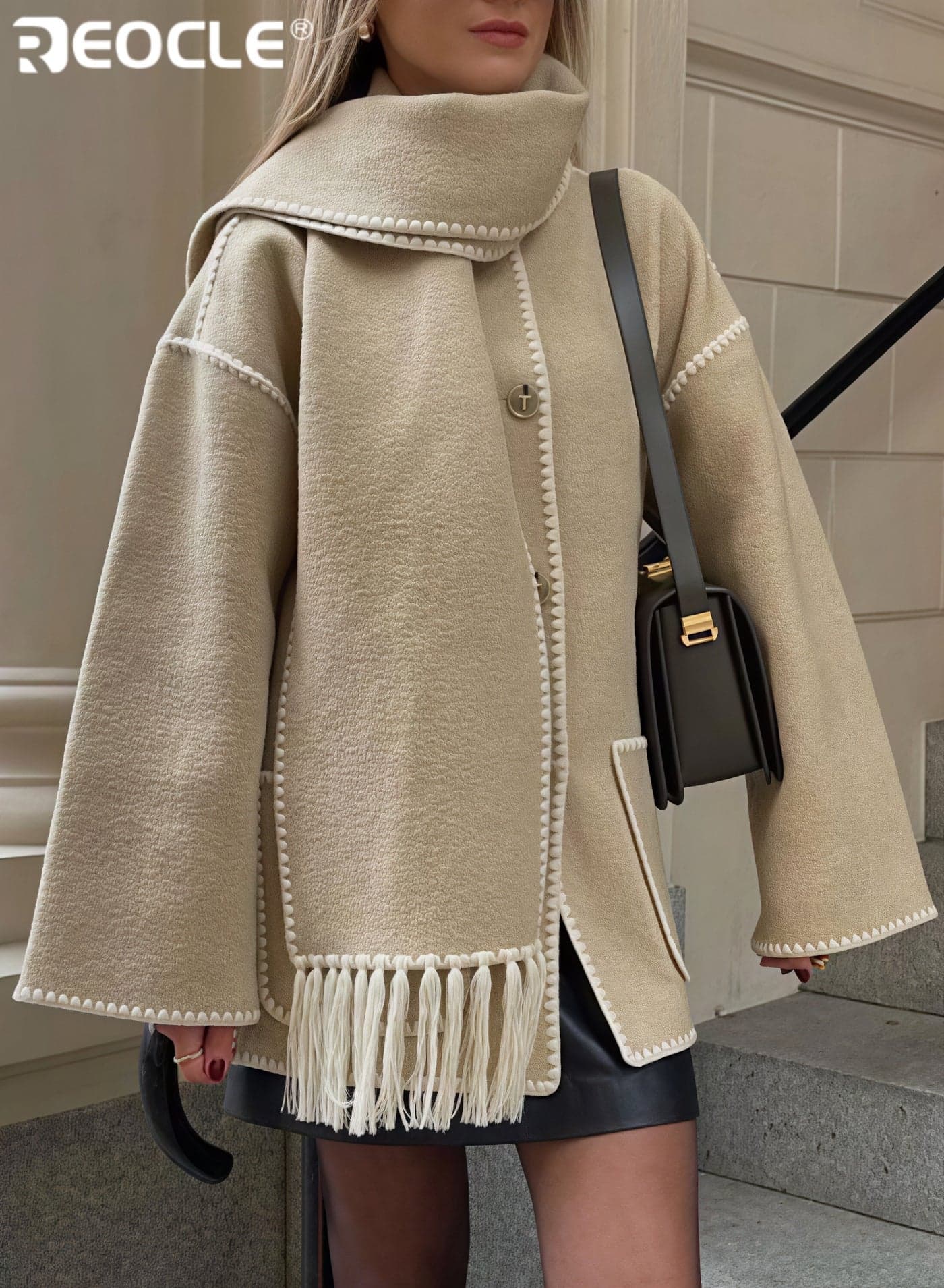 Womens Embroidered Scarf Jacket Oversized Button Down Wool Blend Coat Causal Winter Outwear with Tassel Scarf Khaki