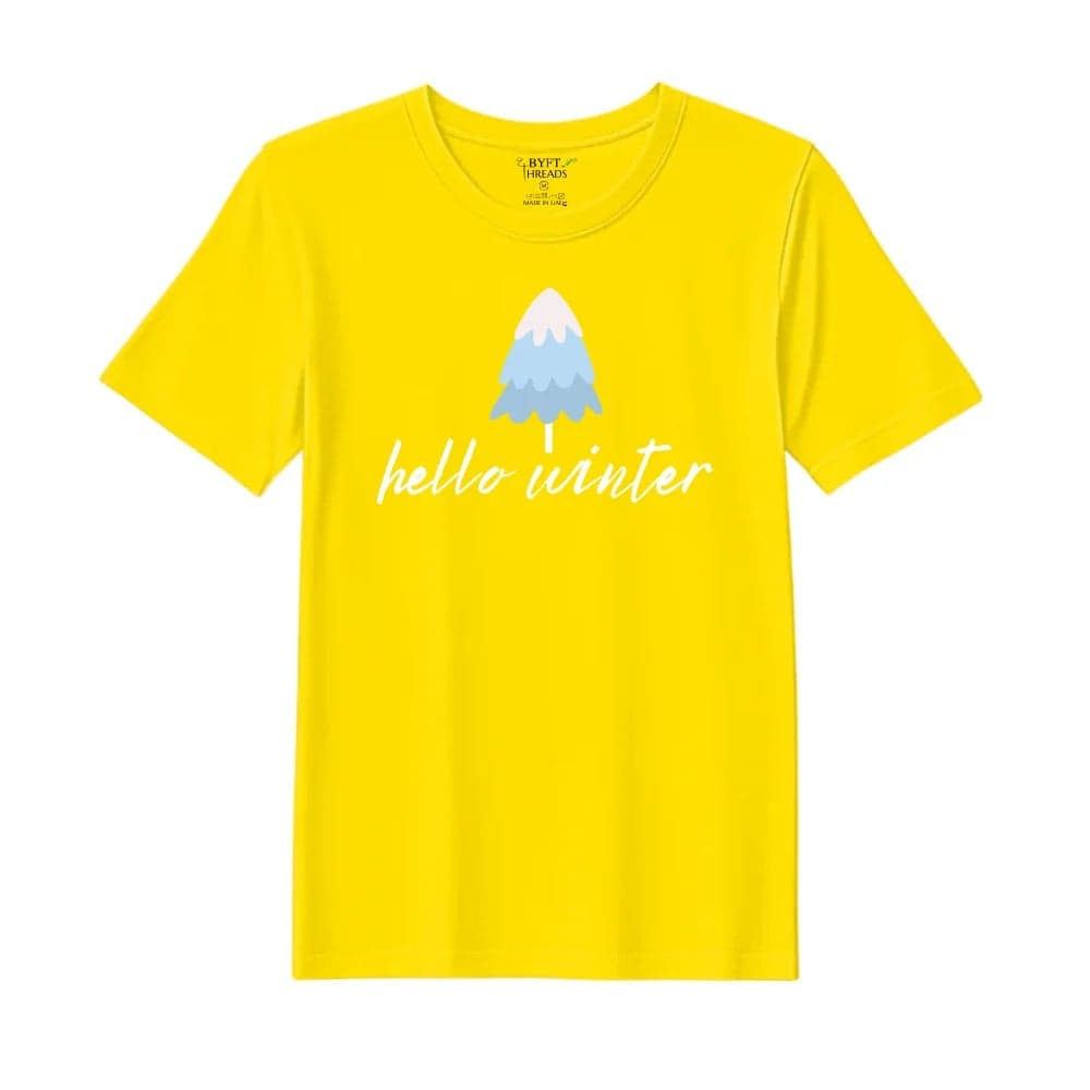 BYFT Threads XL Yellow Polycotton T-Shirt - Christmas "Hello Winter" Printed Design, Premium Holiday Collection