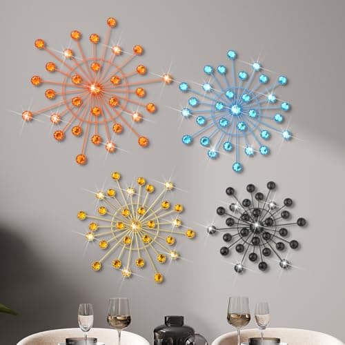 Blulu 4 Pcs Metal Wall Decor Bling Crystal Wall Art Cast Iron Rhinestones Sunburst Decor Starburst Art Hanging Diamond Accents Home Decorative for Living Room Bedroom Entryway Mid Century
