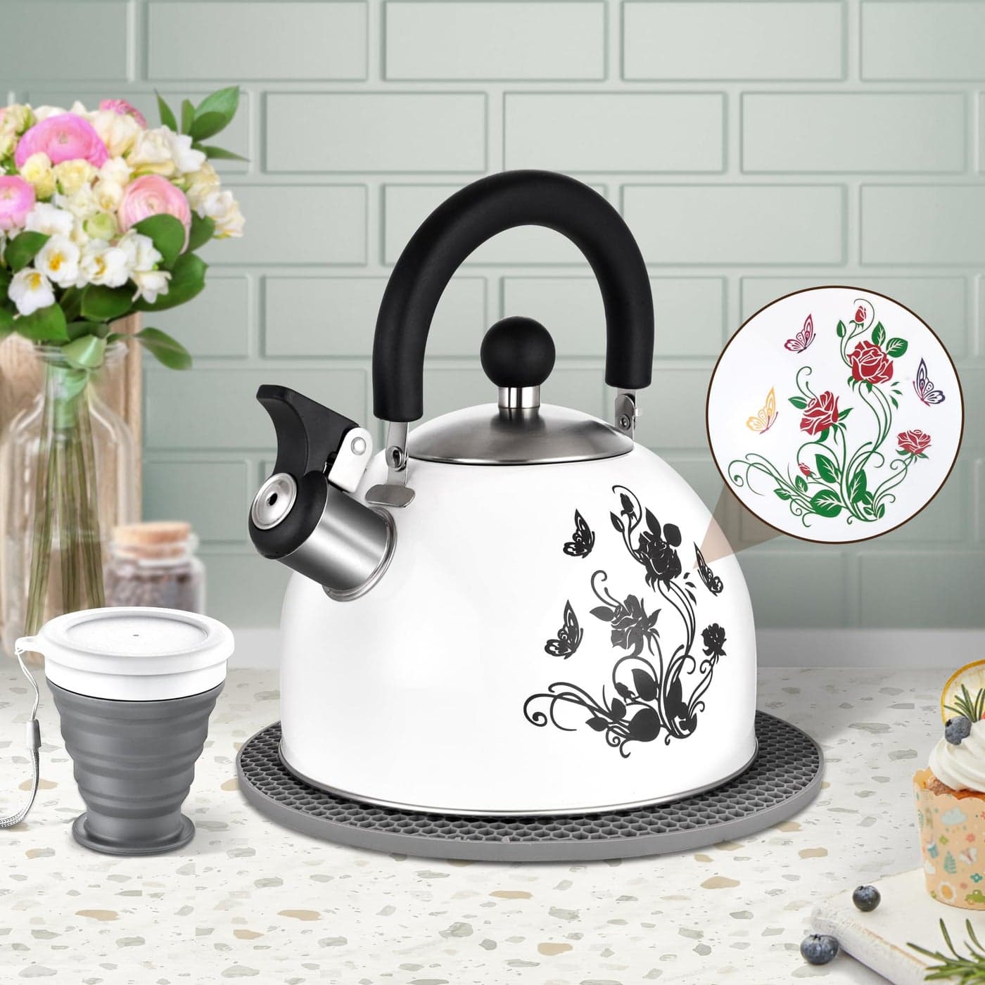 ARC Stainless Steel Whistling Tea Kettle Magic Color Changing Design 2Quart Stovetop Kettle Whistle White Teapot with Folding Cup Trivet Mat