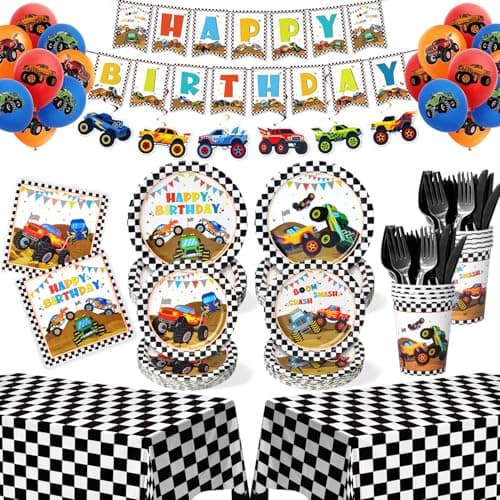 183Pcs Monster Truck Party Supplies Monster Truck Party Supplies Include Plates and Napkins Serves 26