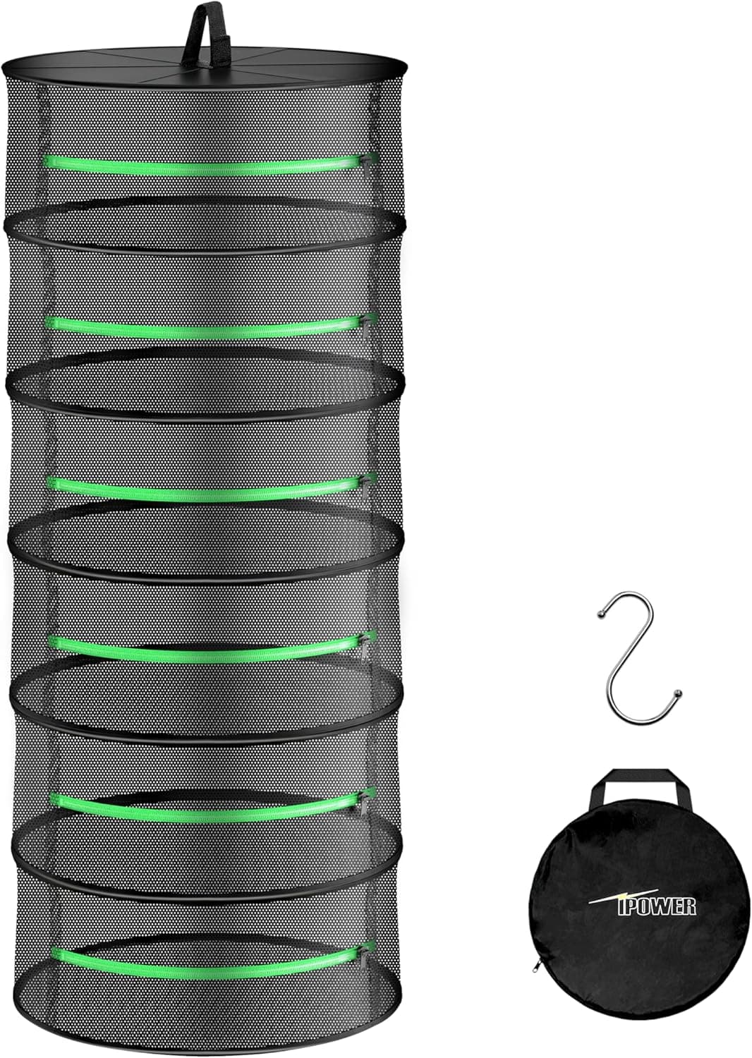 iPower 2ft 6Layer Foldable Herb Mesh Dry Rack Hanging Drying Net with Zippers Heavy Duty Ring for Hydroponic Plant Free Storage Bag and Hook Included New