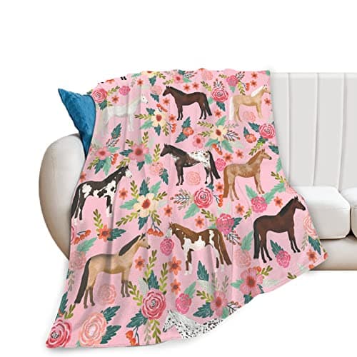 Horse Blanket Gifts for Girls Women Western Horses Flowers Fleece Flannel Throw Blankets Soft Lightweight Horse Plush Stuff Pink Throws for Kids Adults Bed Sofa Decor 50"x40"