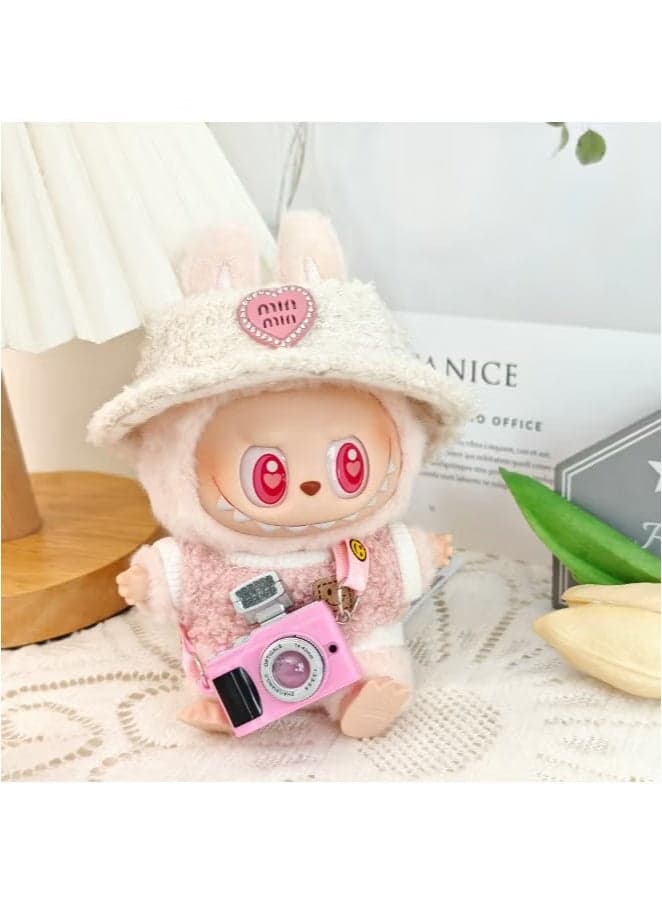 15cm and 17cm Labubu doll fashion style suit doll clothes Labubu clothes (three-piece set) - Clothing + light pink heart velvet hat + pink tilted small camera (doll not included)