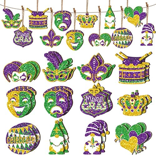 Ferraycle 36 Pcs Mardi Gras Decorations Glitter Wooden Mardi Gras Ornaments Gnome Crown Mask Gold Green Purple Hanging Carnival Home Decor for Carnival Party Holiday Supplies, 12 Styles