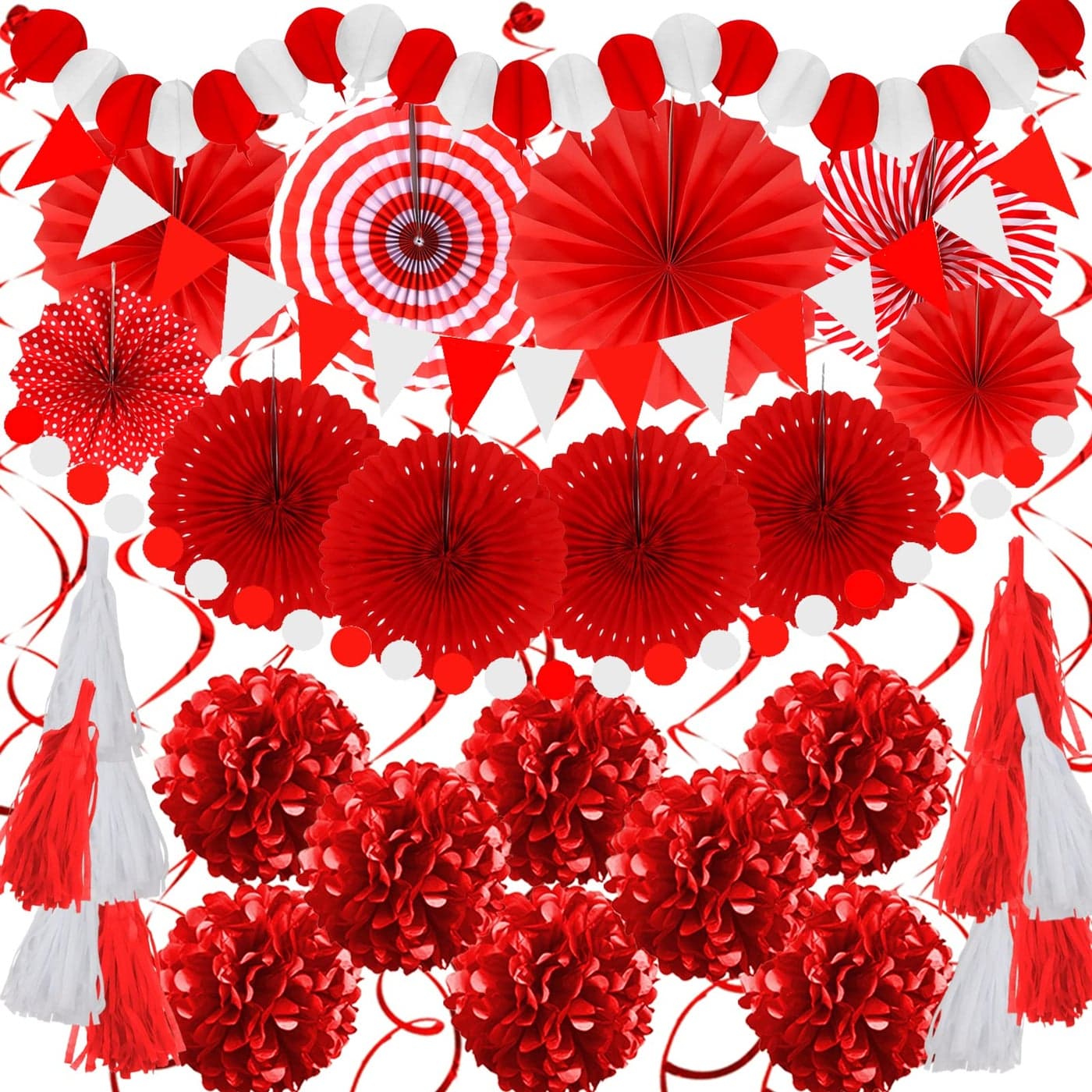 ZERODECO Party Decorations 41 Pcs Red Papar Fans Pompoms Garlands String Tissue Paper Tassel for Graduation Congrats Grad New Years Spring Festival Wedding Birthday Party
