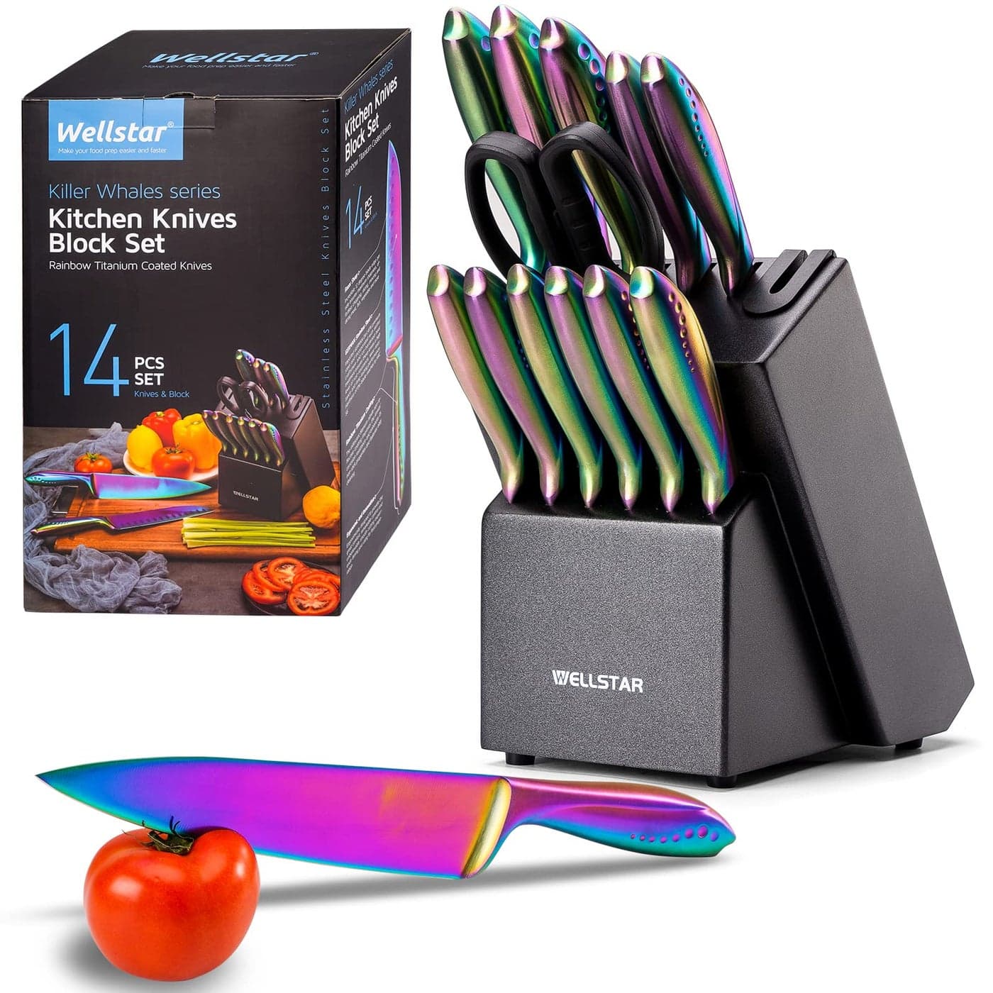 WELLSTAR Rainbow Knife Set 14 Pieces Iridescent German Stainless Steel Kitchen Knives Set with Wooden Block Colorful Titanium Coating Chefs Knife Block Set with Scissors and Builtin Sharpener