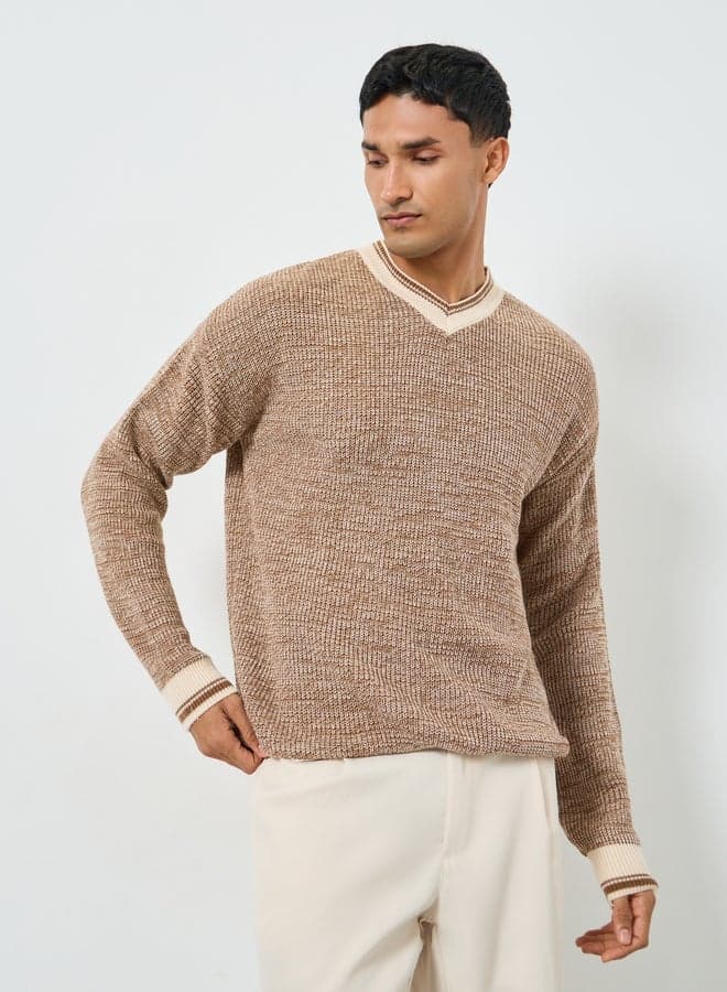 Men Cream Knit Relaxed Fit Sweater