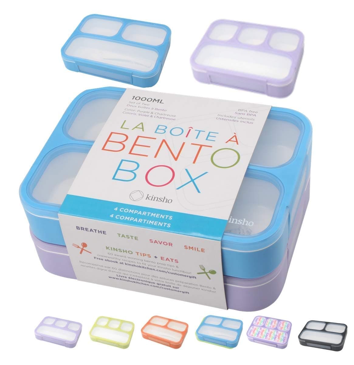 Bento Lunch Box for Kids or Adults, Snack Containers for Boys, Girls, School Daycare Work, 3 Divided Compartments Meal Planning Portion Control, BPA-Free Boxes, Utensils | Blue Purple 2 pack
