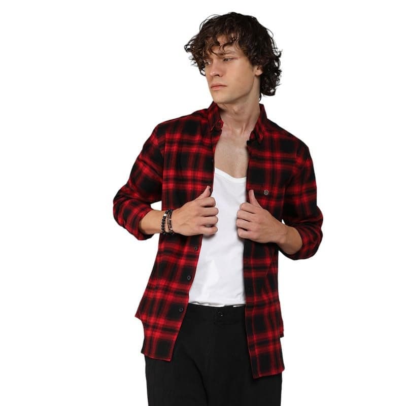 Campus Sutra Men's Midnight Black & Scarlet Red Brushed Buffalo Check Shirtfor Casual Wear Spread Collar Long Sleeve Button Closure Shirt Crafted with Comfort Fit for Everyday Wear