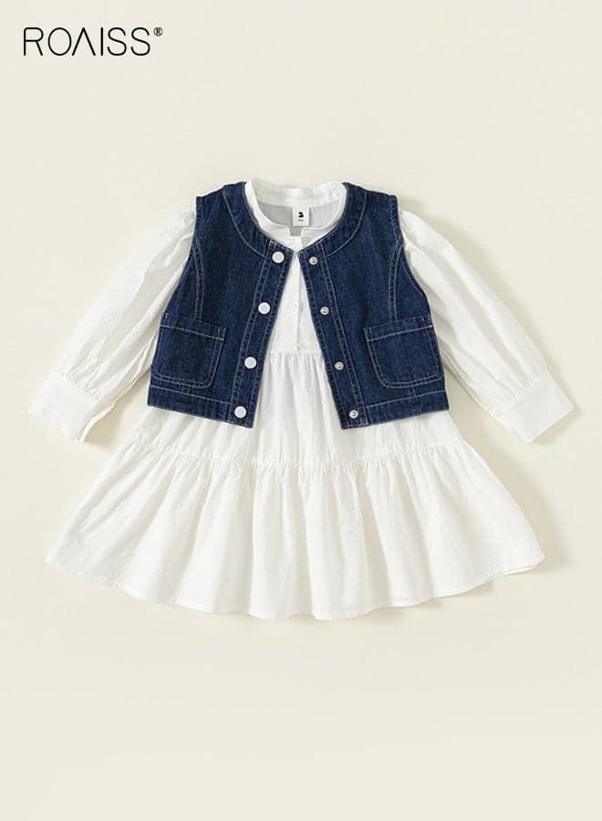 Girls Clothes Set with Solid Dress and Denim Vest, Stand Collar Button Down Frock and Jean Waistcoat, Stylish Elegant A Line Dress for Little Girls, Suitable for Daily Wear or Any Occasion