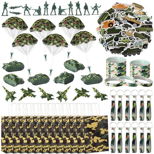 Blueweenly 166 Pieces Army Party Favors Includes Camouflage Keychain Wristband Parachute Tank Plane Military Soldier Toy Camo Bag for Boys Camo Military Birthday Party Supplies Decorations Fillers