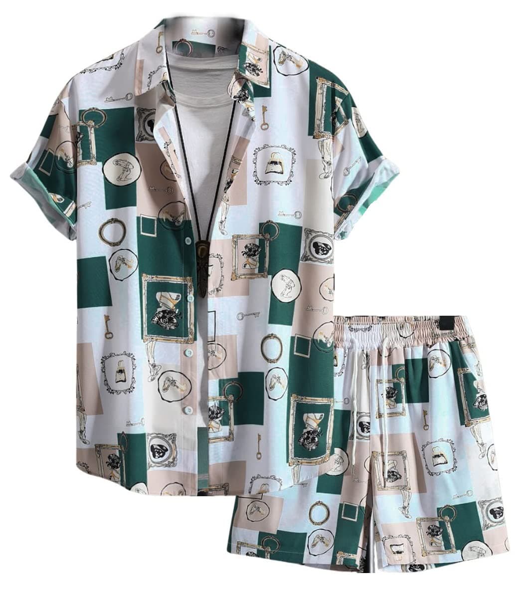 DHRUVI TRENDZ Mens Rayon Printed Co-Ord Pyjama Set Regular Fit Relaxed Night Dress (Dt-Ms-6065&Sh-169_Teal_Medium)