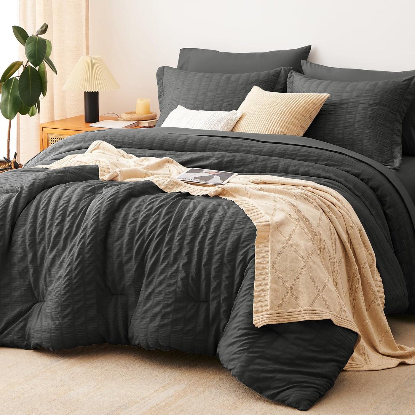 CozyLux Twin Bed in a Bag Dark Grey Seersucker Textured Comforter Set with Sheets Pillows 5Piece Set for Girls Boys