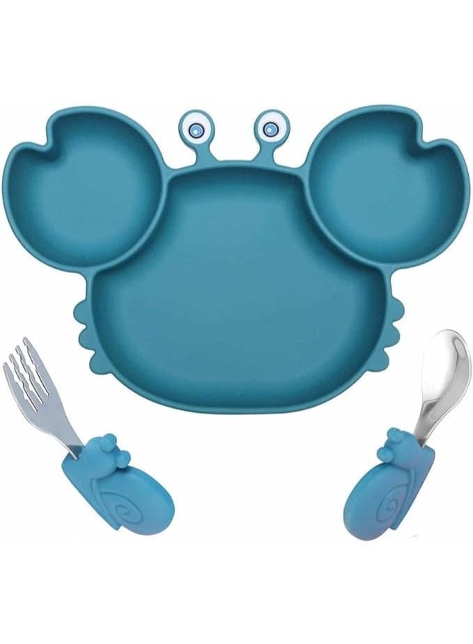 Silicone Suction Baby Plate with Dividers, Toddler Feeding Plate with Fork and Spoon Set, Self Feeding Training Dish for Highchair