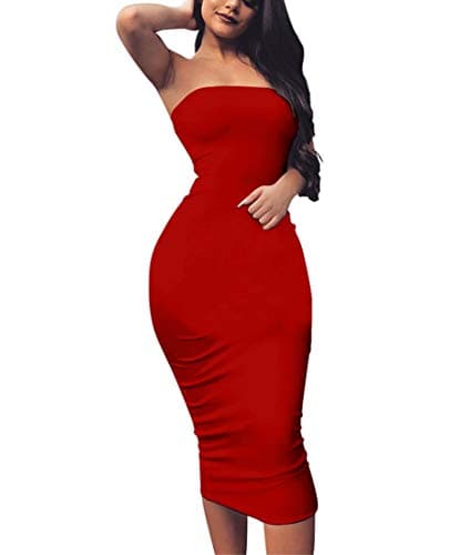 BORIFLORS Women's Basic Sleeveless Tube Top Sexy Strapless Bodycon Midi Club Dress,Small,Red