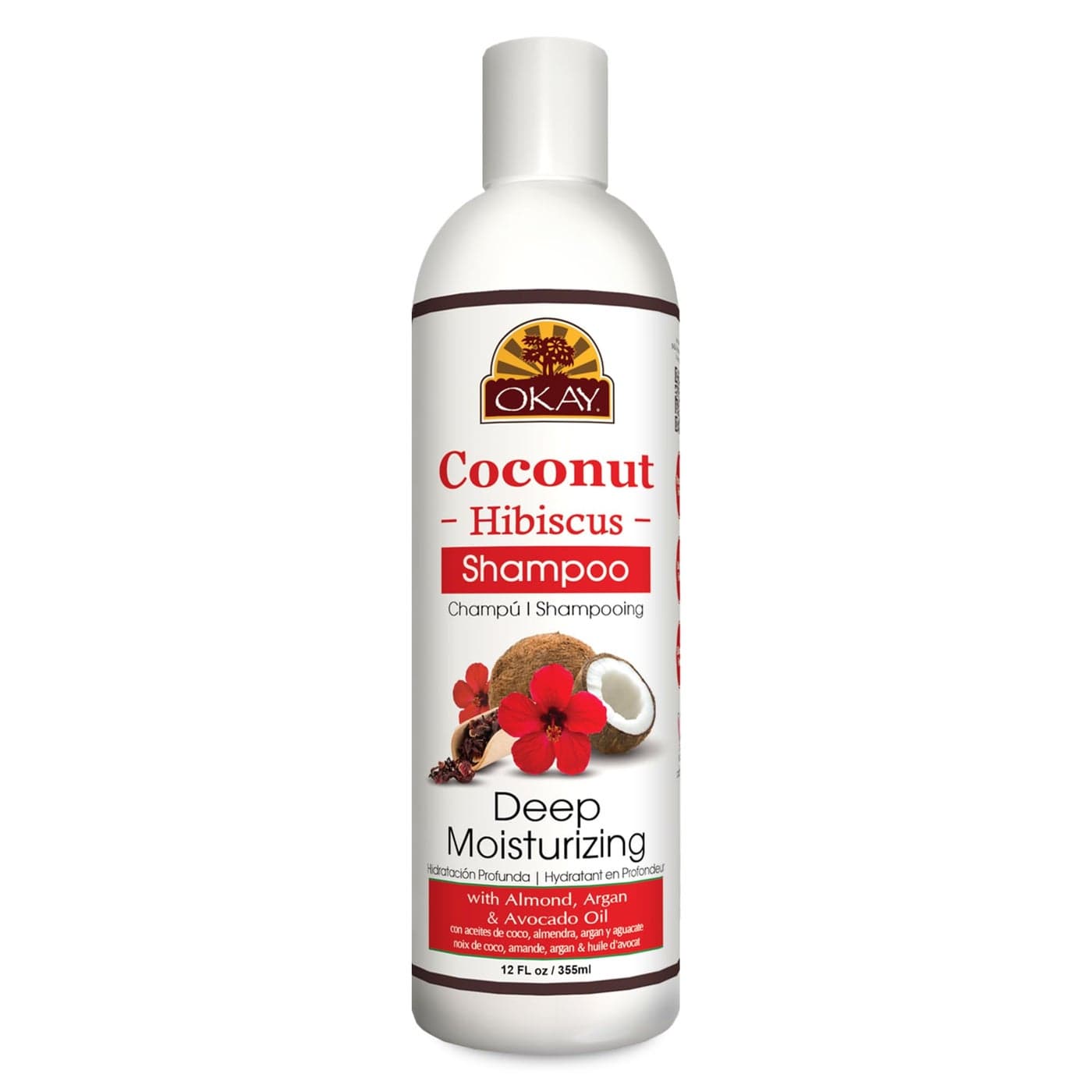 OKAY Coconut Hibiscus Shampoo For All Hair Types Textures Restore Rehydrate Strengthen Hair With Almond Argan Avocado Oil Free of Parabens Silicones Sulfates 12 oz