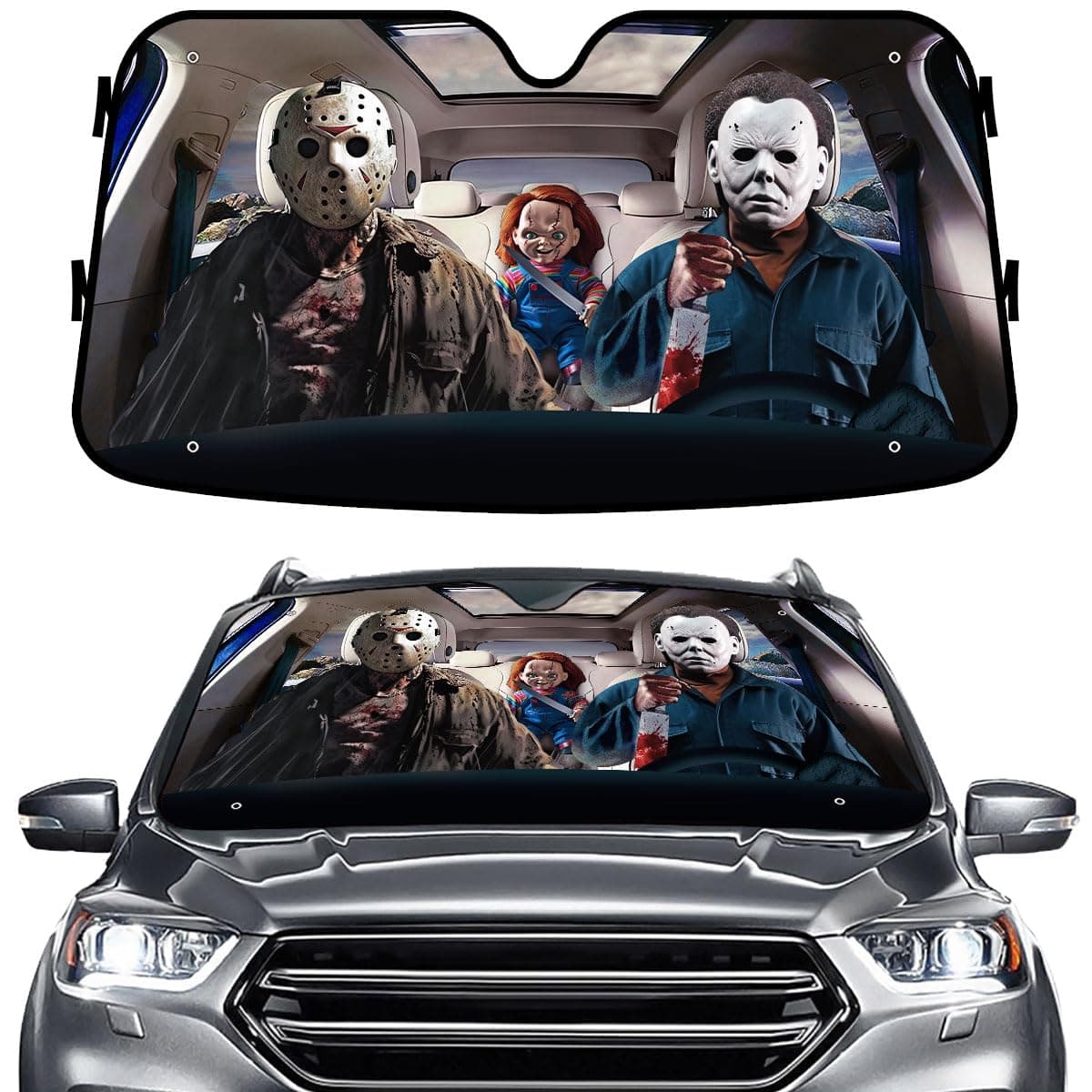 GENANY Horror Movie Character Windshield Sun Shade for Car SUV Truck 55x30 inches Sun Shade Windshield Shades for Windows Protector Blocks UV Car Decor