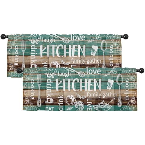 Emvency 2 Pack Valances Window Treatments Teal and Brown Farmhouse Kitchen Cooking Blackout Adjustable for Living Room Bathroom Bedroom Kitchen Over Sink 52x18 Inch Rod Pocket Valances