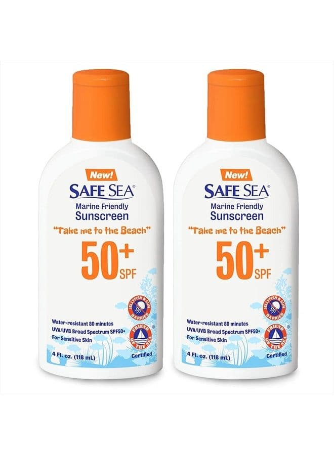 Safe Sea Jellyfish Sting-Blocking Sunscreen, SPF 50+ Lotion 4oz, Waterproof, Biodegradable, Coral Reef-Safe – Body and Face Sunscreen, Anti-Jellyfish and Sea-Lice sting protection.
