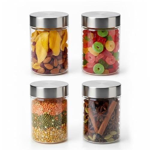 PEARLPET Plus Range Plastic Storage Jars & Containers For Kitchen |Stackable |Air Tight| Steel Cap Jar Set Of 4 Food Grade Boxes For Kitchen storage | Bpa-Free |4 pieces of 750 Ml,Transparent