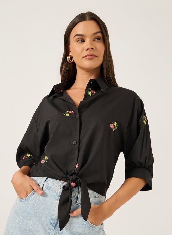 Floral Embroidered 3/4 Sleeve Tie Front Regular Fit Shirt