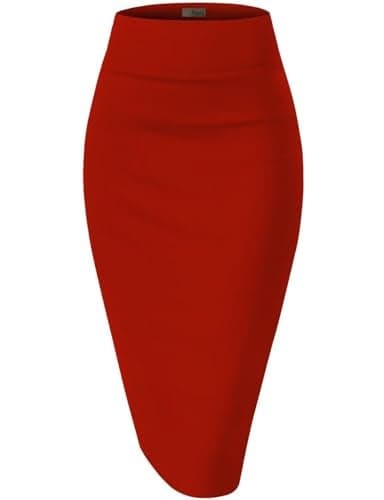 Hybrid & Company Women's Premium Nylon Ponte Stretch High Waist Pencil Suit Skirt Below Knee KSK45002 1073T RED M